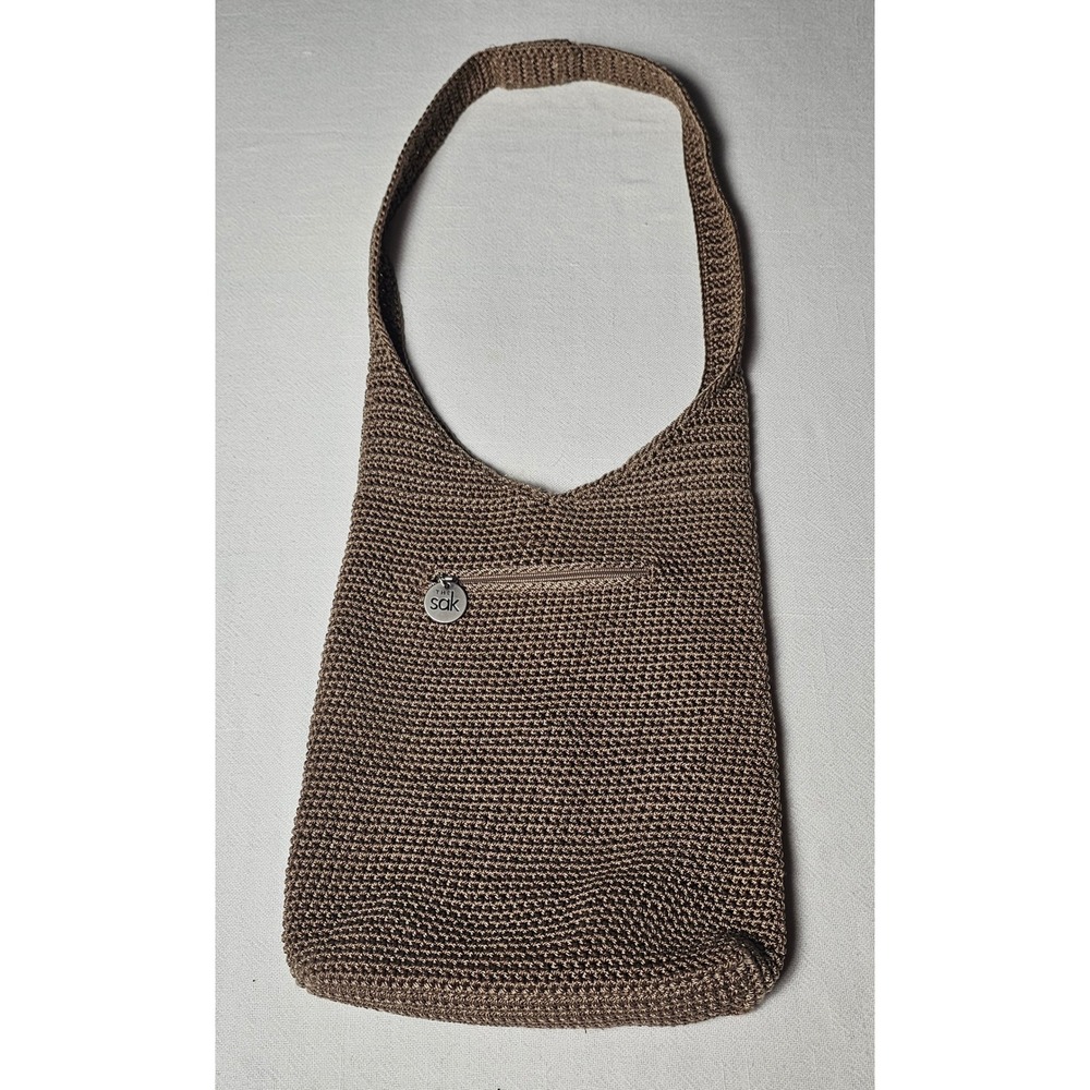 The Sak Crochet Hobo Bag Brown Taupe Metallic Shoulder Bag Front Zip Pocket